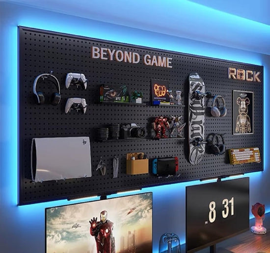 RGB Gaming Pegboard Wall Organizer with Metal Panels and Hooks, 12x24 Setup NSD Gaming Supply