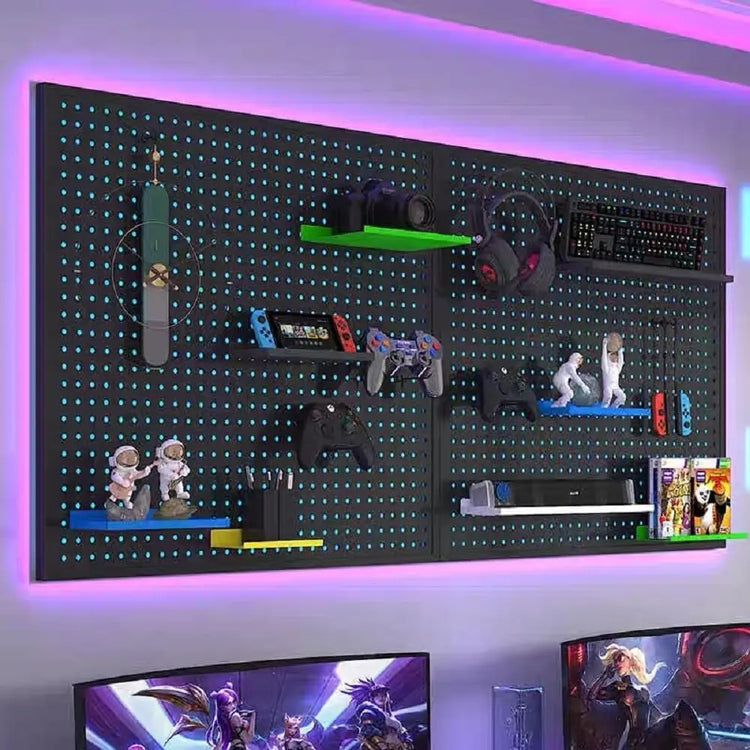 RGB Gaming Pegboard Wall Organizer with Metal Panels and Hooks, 12x24 Setup NSD Gaming Supply