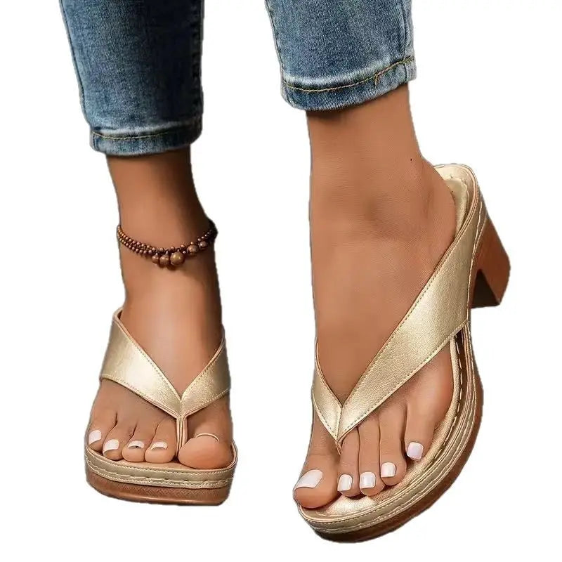 Summer Flip-flops Shoes Fashion Solid Color Square-heeled Sandals Women&