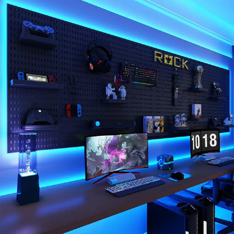 RGB Gaming Pegboard Wall Organizer with Metal Panels and Hooks, 12x24 Setup NSD Gaming Supply